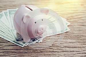 Pink piggy bank on pile of US Dollar banknotes on wooden table with artificial golden flare light, finance, banking, saving money