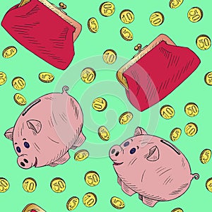 Pink piggy bank and retro style purse with golden coins pour into it, hand drawn doodle sketch, seamless pattern design on green