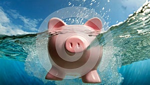 Pink Piggy Bank in the Sea Waves - Generative Ai