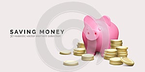 Pink piggy bank with stack of gold coins. Money savings concept. 3D realistic pig and money. Finance investment and business