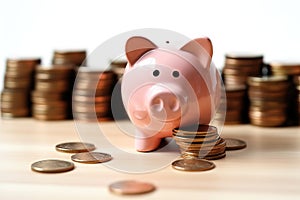 A pink piggy bank with stacks of coins on the table.