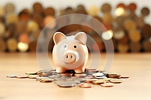 A pink piggy bank with stacks of coins on the table.