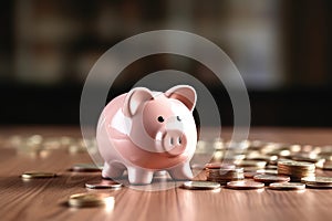 A pink piggy bank with stacks of coins on the table.