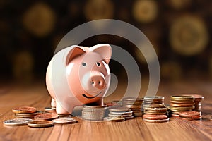 A pink piggy bank with stacks of coins on the table.