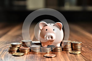 A pink piggy bank with stacks of coins on the table.