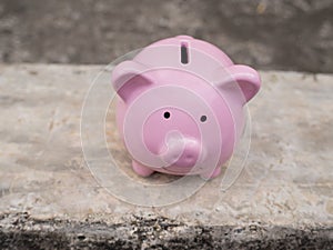 Pink piggy bank standing on cement road background, Saving money for future plan and retirement fund concept
