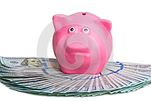 pink piggy bank standing on a fan of a pile of american dollars on a white background