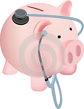 Pink piggy bank with stethoscope