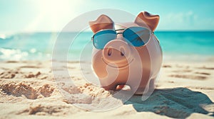 Pink piggy bank in sunglasses against the background of a beautiful sea at sunset. Vacation concept