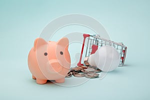Pink piggy bank, trolley and light bulb on coins, power savings concept