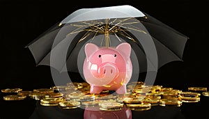 Pink Piggy Bank with Umbrella and Golden Coins - Generative Ai