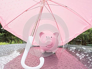 Pink Piggy bank with umbrella On a rainy day Saving money for any storm problem will come concept for finance, insurance,