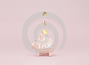 Pink piggy bank and US dollar coins falling on pink background for money deposit and tax saving concept , creative ideas by 3D