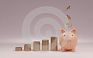 Pink piggy bank and US dollar coins falling on pink background for money saving and deposit concept , creative ideas by 3D