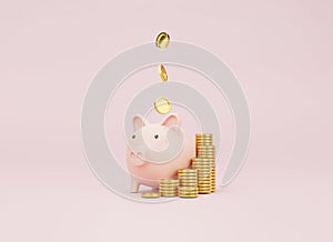 Pink piggy bank and US dollar coins falling on pink background for money saving and deposit concept , creative ideas by 3D