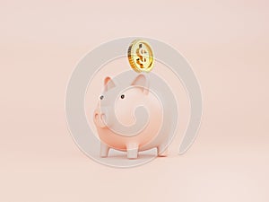 Pink piggy bank and US dollar coins falling on pink background for money saving and deposit concept , creative ideas by 3D