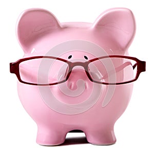 Pink piggy bank wearing glasses isolated white old age pension concept