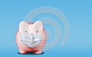 Pink Piggy Bank Wearing Medical Face Mask Isolated on Blue Background