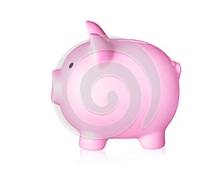 Pink piggy bank on white background. Money saving concept