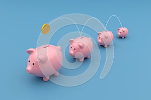 Pink piggy banks with jumping gold coin. Saving money, investment and financial growth concept. Financial planning for the future