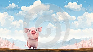 Pink piggy illustration with blue sky and puffy clouds, AI Generated