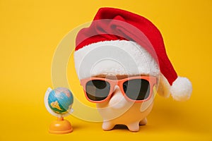 Pink piggy money bank with sunglasses Christmas hat, toy Earth world globe on yellow background. Money