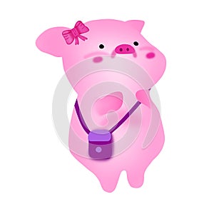 pink piggy pencil drawing He is chubby and round and cute with a cheerful face. It is a cartoon drawing that conveys the cuteness