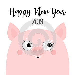 Pink piggy piglet. Happy New Year 2019. Pig face head. Chinise symbol. Cute cartoon funny kawaii baby character. Flat design. Whit