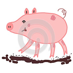 Pink piggy walking on a brown mud puddle