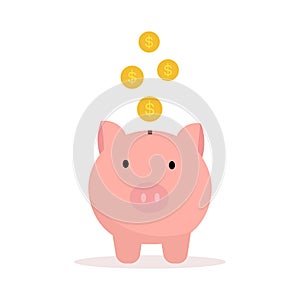 Pink Piggybank icons and dollar coins being put in the piggy bank Simple and modern design.
