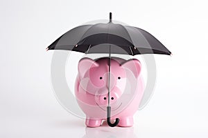 Pink Piggybank Or Savings Bank Under Umbrella To Illustrate Protecting Or Sheltering Investments On White Background