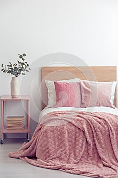 Pink pillows and cozy blanket on single bed in elegant hotel room, copy space on empty white wall