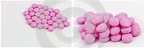 Pink pills drug prescription white background