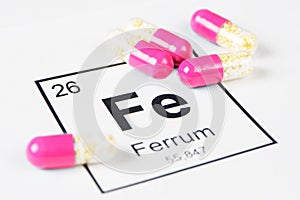 Pink pills with mineral Fe Ferrum on a white background with a