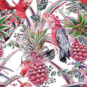 Pink pineapple, parrot hand drawn watercolor seamless pattern