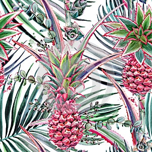 Pink pineapple, tropical plant watercolor seamless pattern