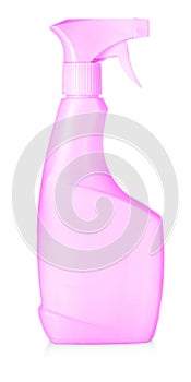 Pink plastic bottle of cleaning products and flower. Isolated on white background