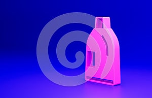 Pink Plastic bottle for laundry detergent, bleach, dishwashing liquid or another cleaning agent icon isolated on blue