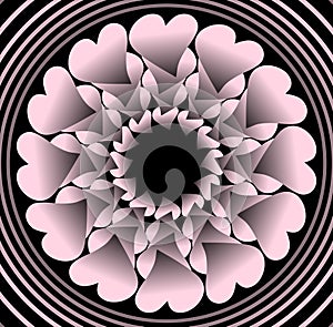 Pink plastic flower like fractal object on black background in concentric circle shapes, vector decoration with 3d effect