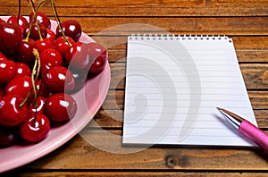 Pink plate with cherries fruit