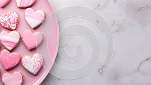 Pink plate with decorated heart-shaped cookies on marble background