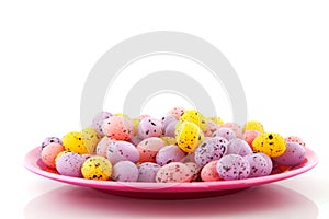 Pink plate filled with easter eggs