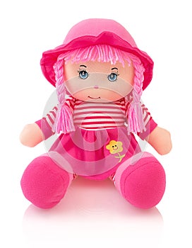 Pink plushie doll isolated on white background with shadow reflection.