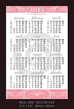 Pink pocket calendar 2015, with USA holidays