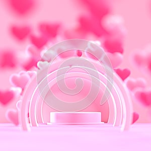 Pink podium display background for product. Symbols of love for Happy Women`s, Mother`s, Valentine`s Day, birthday.