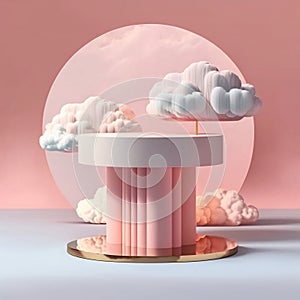 Pink podium illustation with Clouds for promotional product. AI Generated
