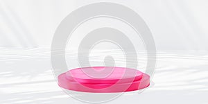 Pink podium or pedestal for products display or advertising with leaf shadows on white background, 3d render