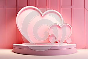 A pink podium with red hearts on a pink background