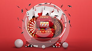 Pink podium with Red slot machine, Casino Wheel Fortune, Roulette, poker chips, playing cards and neon ring on background.