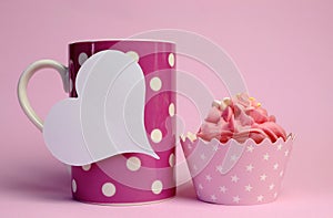 Pink polka dot coffee mug with pink cupcake and blank white heart shape gift tag